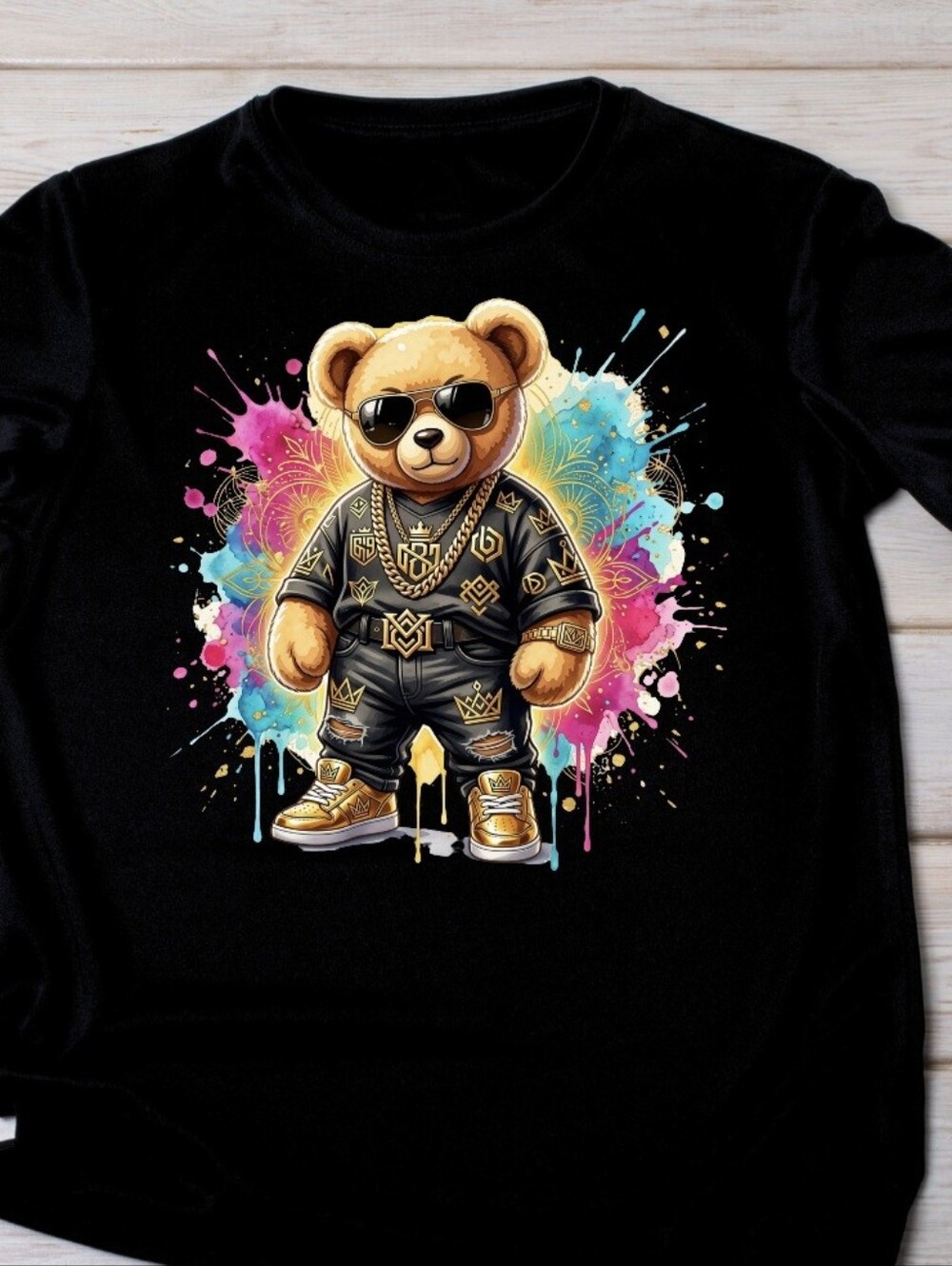 Boutique Black Urban Teddy Bear Tee With Hand-Placed Crystals